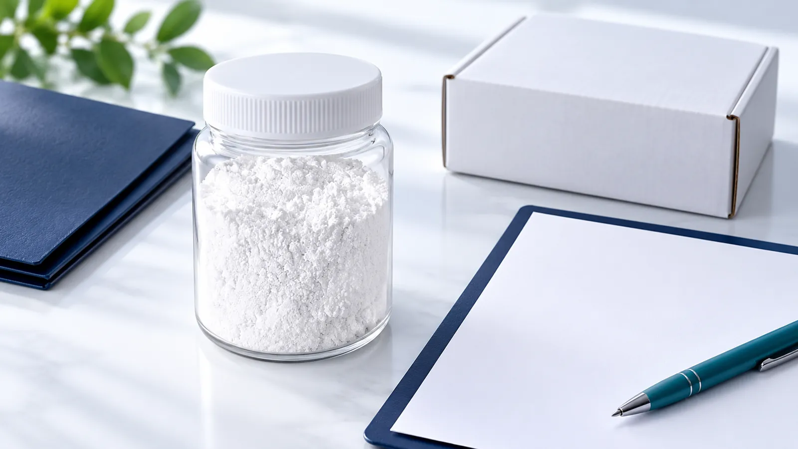 Sample jar, packing box and blank clipboard — procurement planning illustration