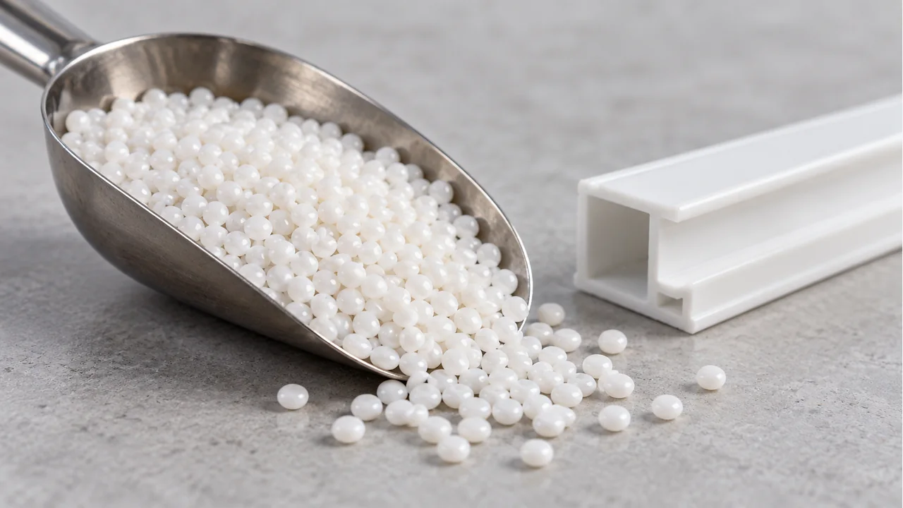 White masterbatch pellets and a plastic profile sample