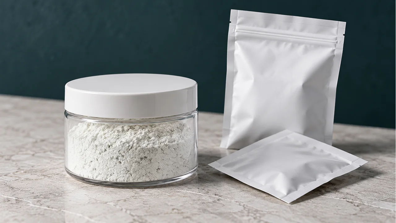 White mineral powder with plain sample packaging