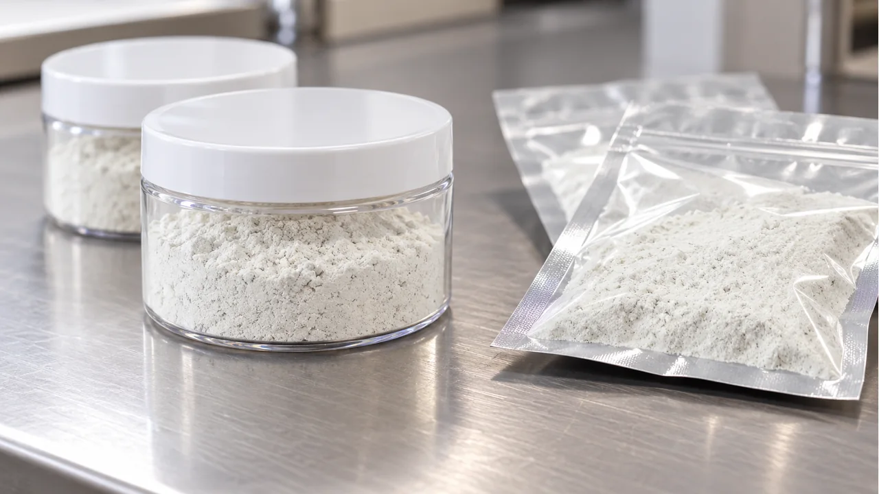 A powder sample and plain packaging components