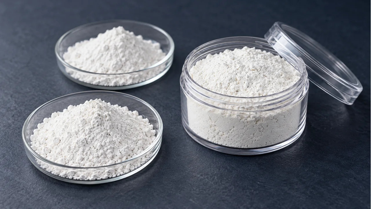 Close detail of calcium carbonate powder and a sample container