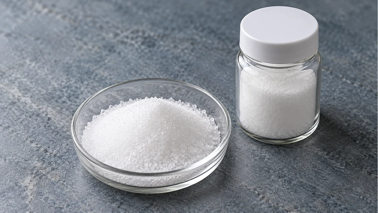 White crystalline industrial material and a sample container