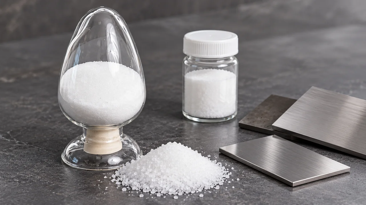 White sulfamic acid crystals with metal-surface samples