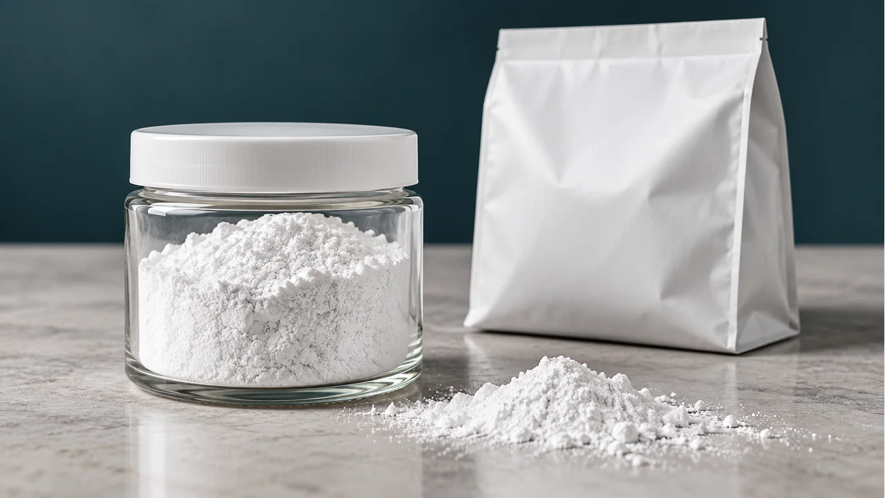 White mineral extender powder with plain sample packaging