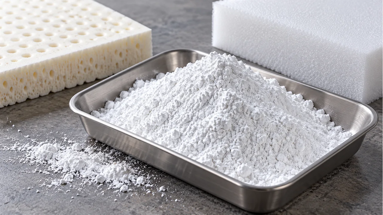 Foaming-grade talc powder with insulation and cushioning foam