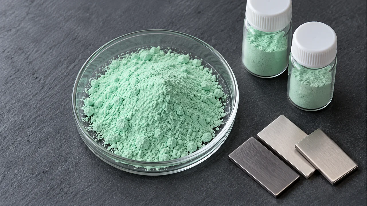 Light-green basic nickel carbonate powder with metal-surface samples