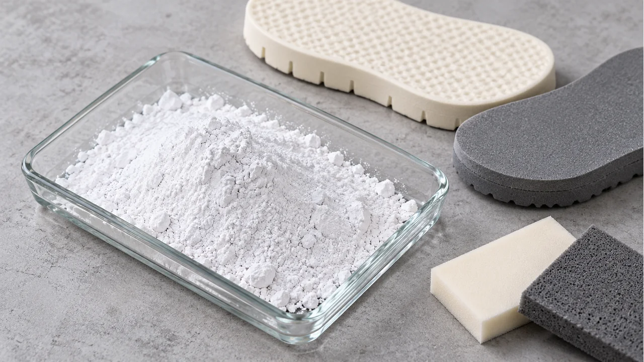 Talc powder with shoe-sole and foam samples