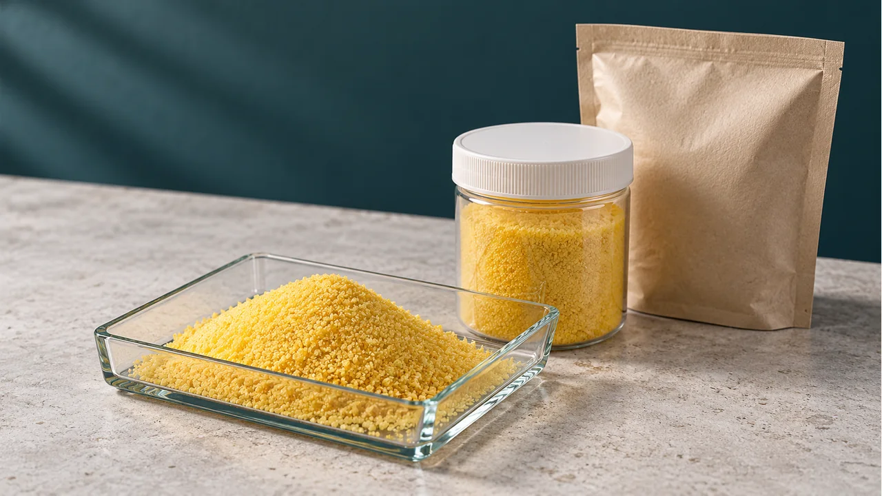 Yellow PAC powder with plain sample packaging