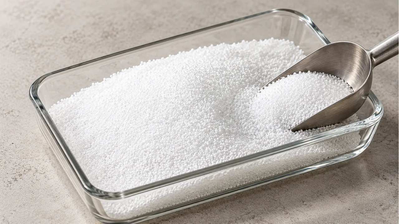 Close view of potassium carbonate granules
