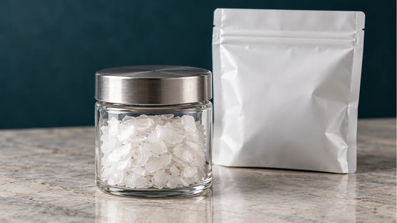 White potassium hydroxide flakes with plain sample packaging