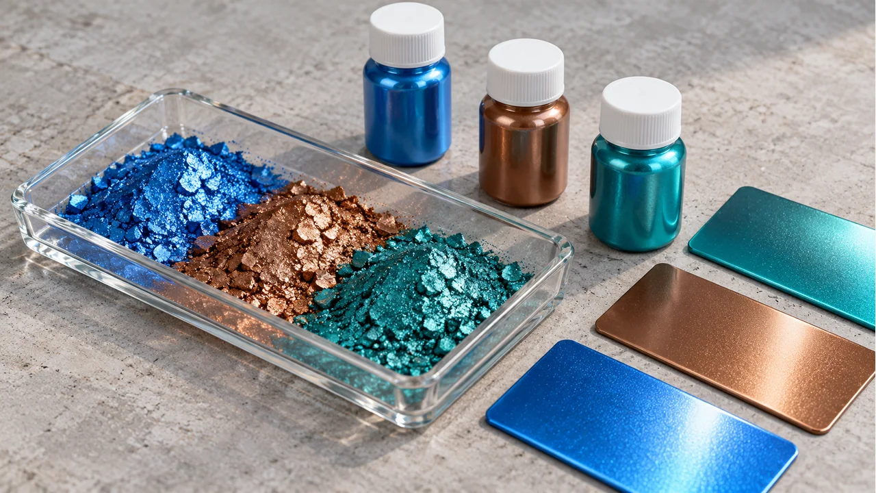 Mica-based effect pigment powders with coloured finish samples