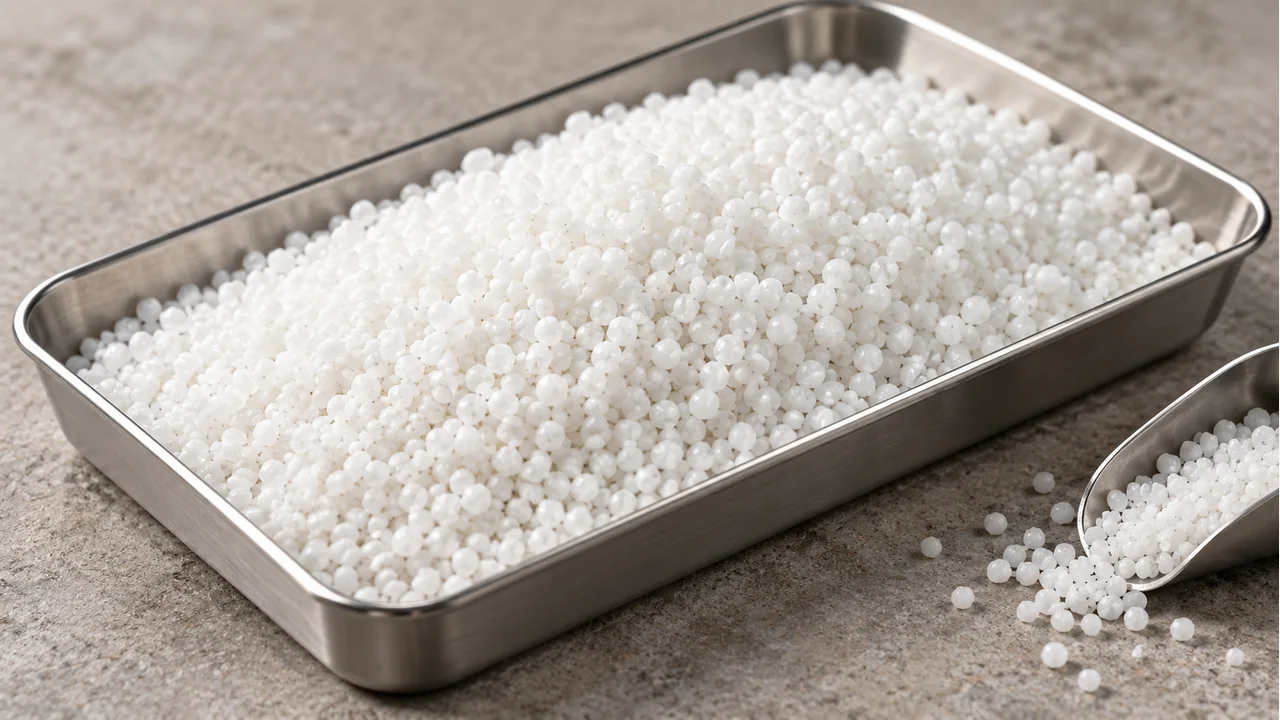 Close view of white urea prills and granules