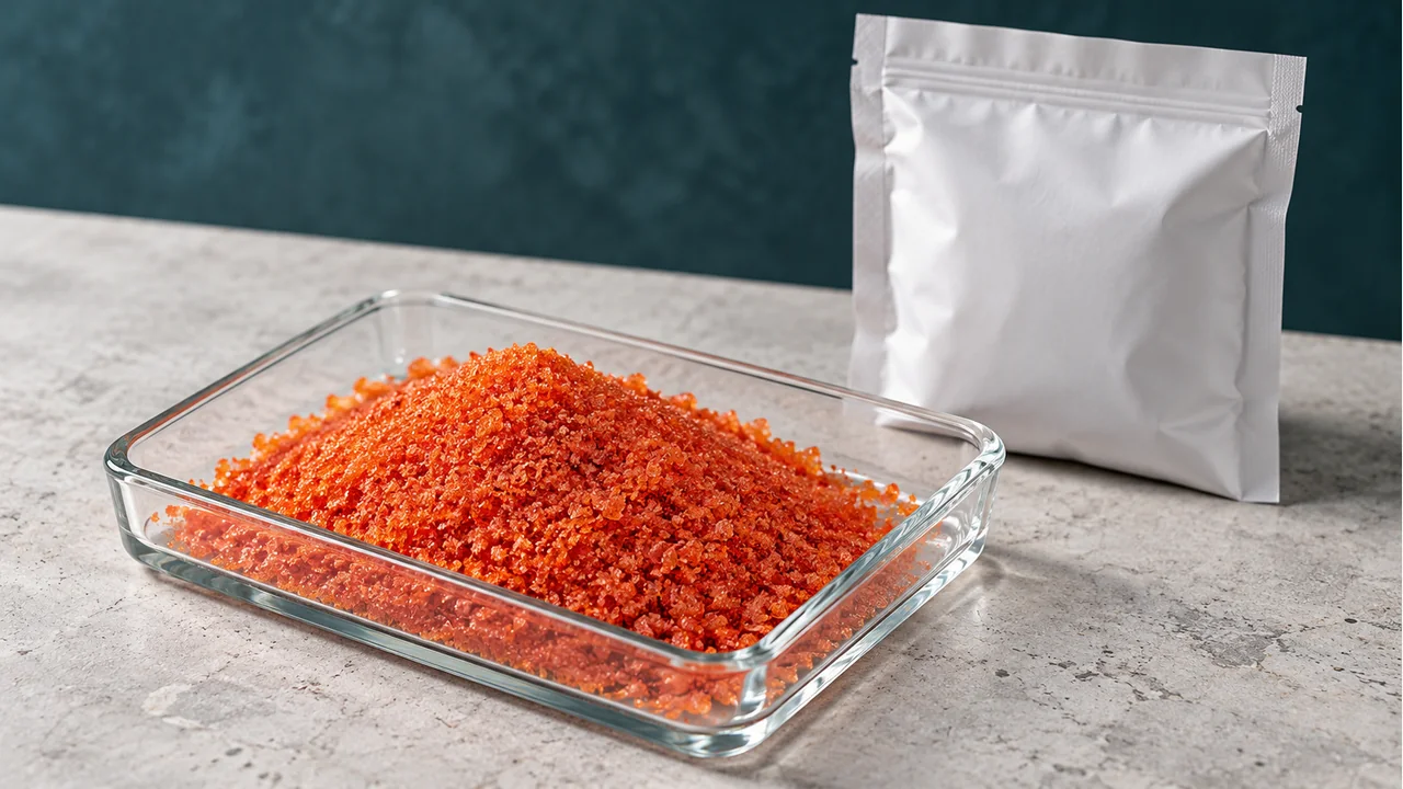 Orange-red cobalt sulfate heptahydrate crystals with plain sample packaging