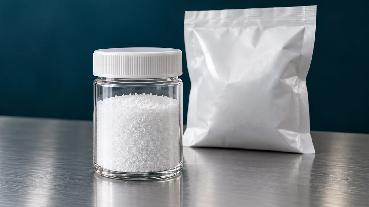 Sodium acetate crystals with plain sample packaging