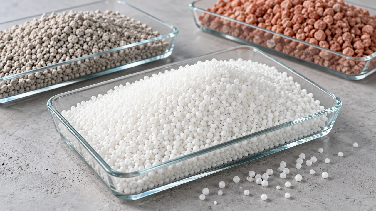 White urea prills and granules with fertilizer material samples