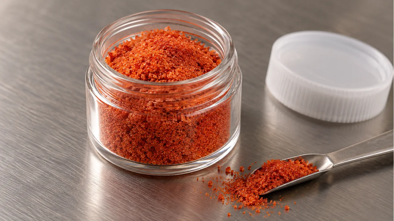 Close view of orange-red cobalt sulfate heptahydrate crystals