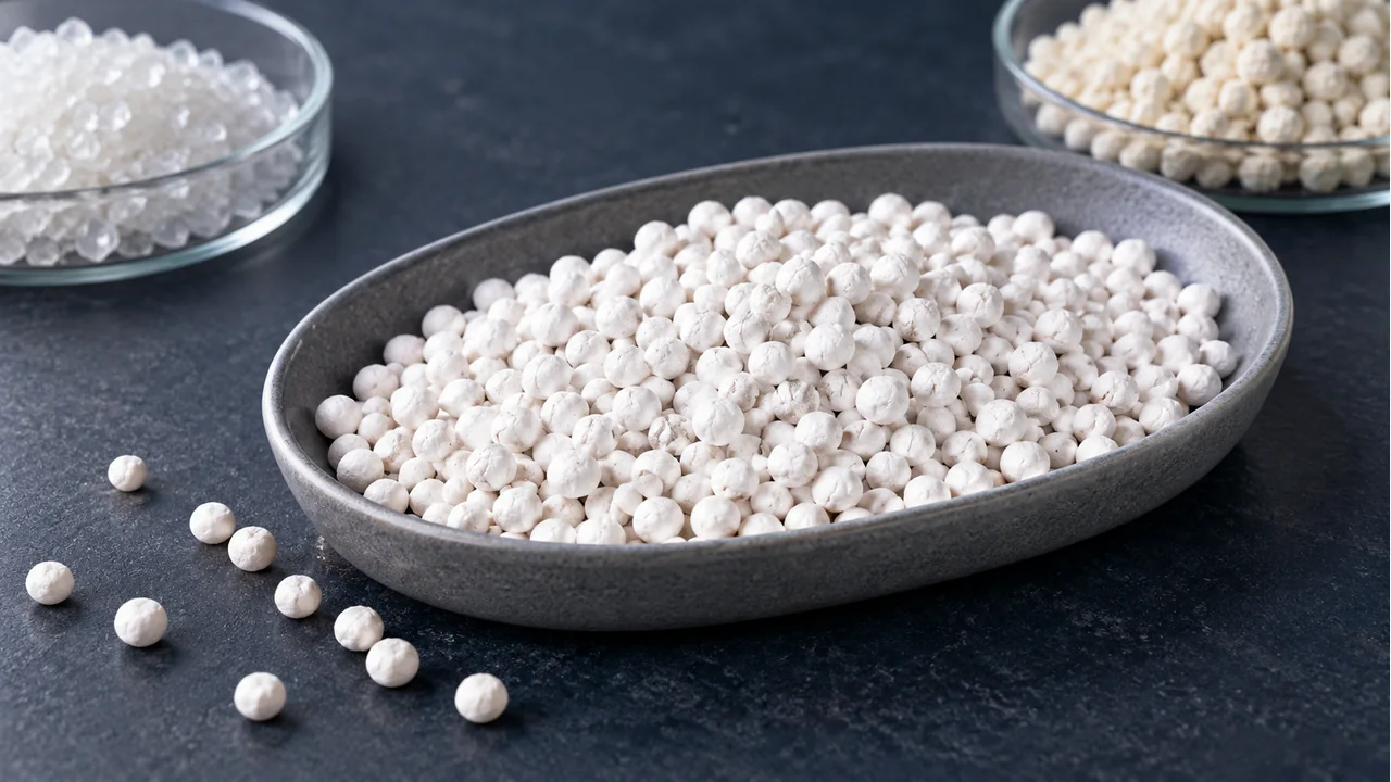 White potassium sulfate granules with fertilizer raw-material samples