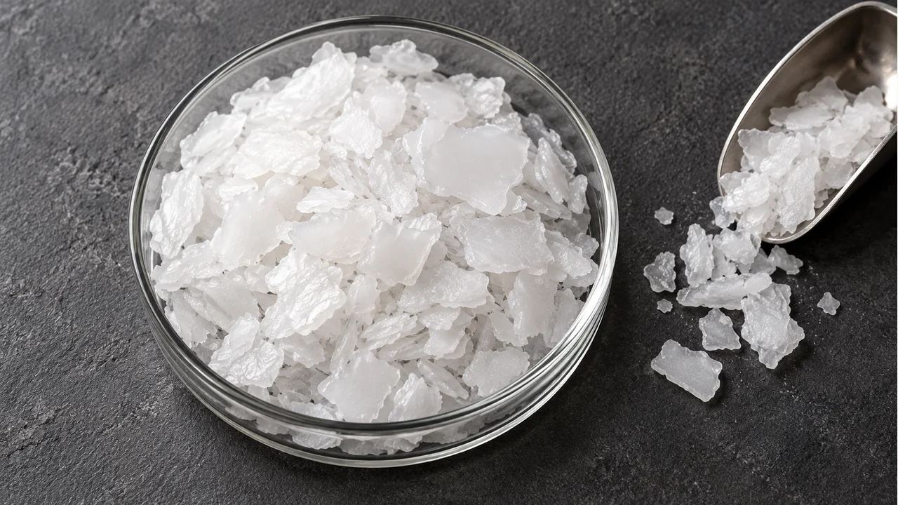 Close view of white potassium hydroxide flakes