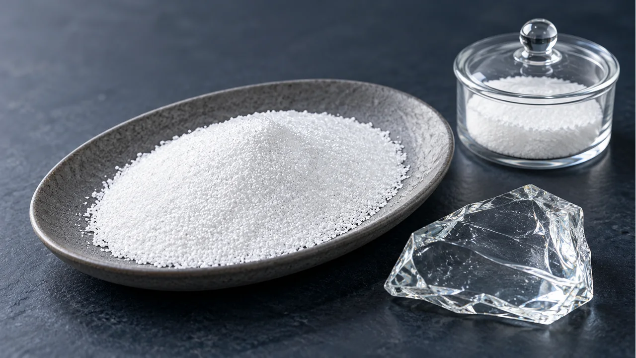 Potassium carbonate granules with glass-material samples