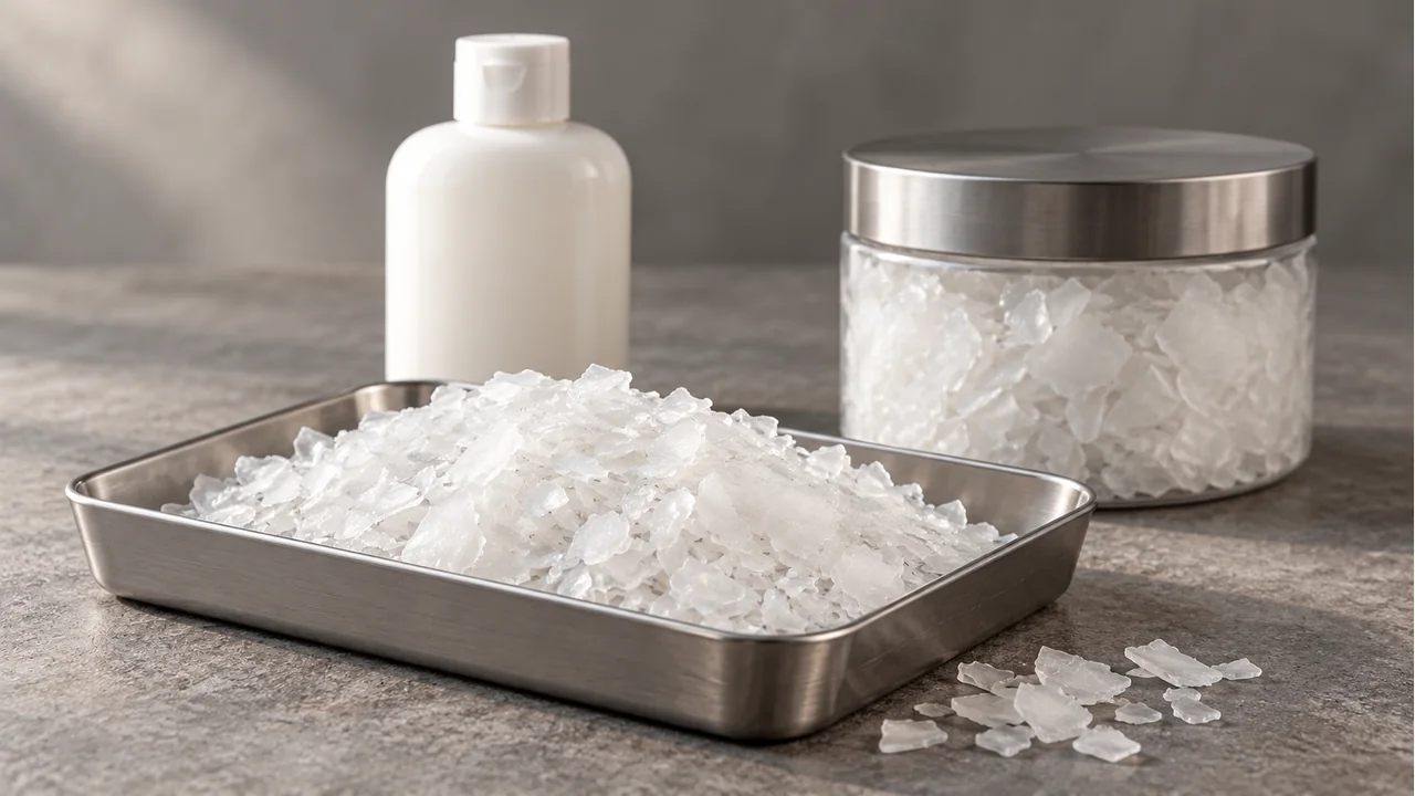 White potassium hydroxide flakes with industrial formulation samples