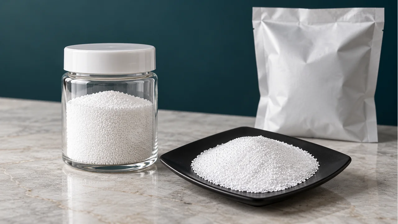 Potassium carbonate granules with plain sample packaging