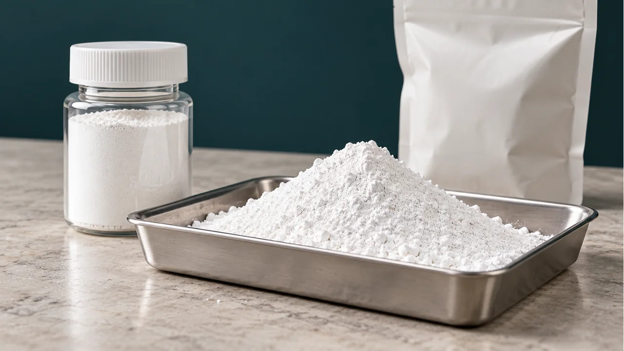 White industrial pigment powder with plain sample packaging