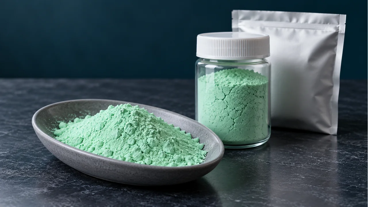 Light-green basic nickel carbonate powder with plain sample packaging