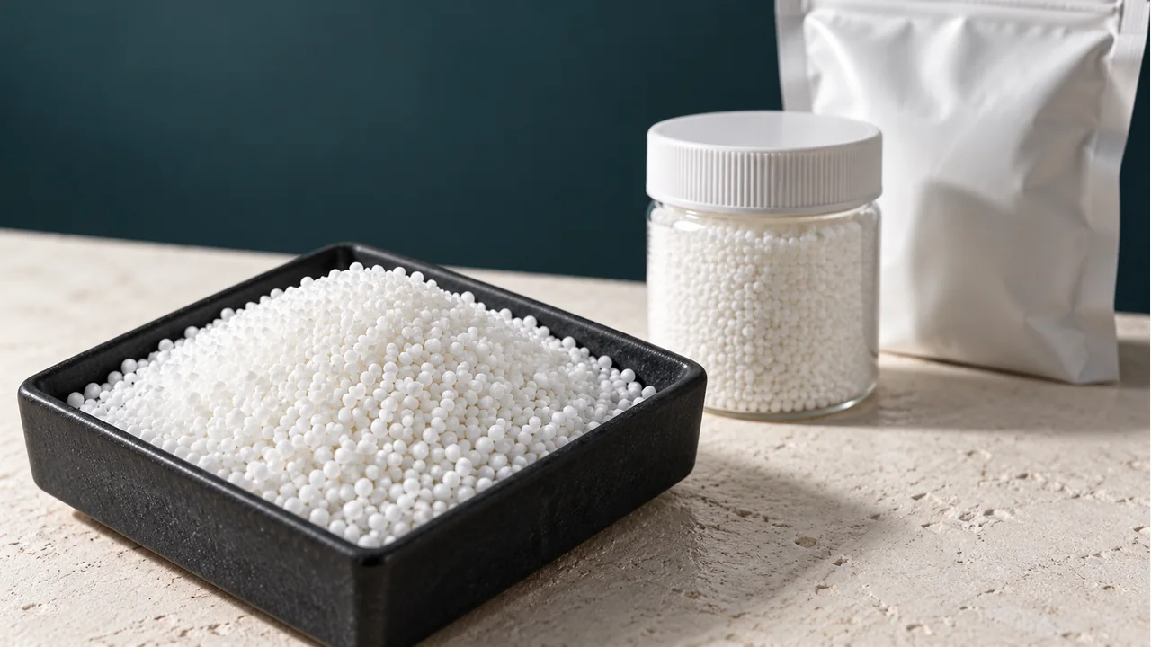 White urea prills and granules with plain sample packaging