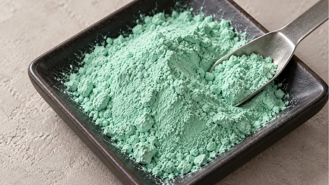 Close view of light-green basic nickel carbonate powder