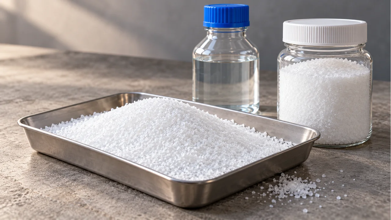 Sodium acetate crystals with water-treatment material samples