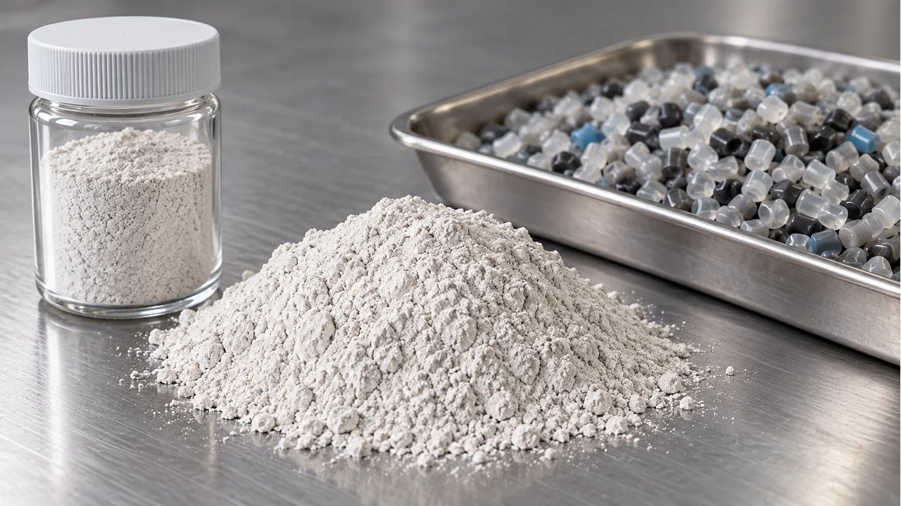 Industrial calcium oxide powder with recycled-plastic granules