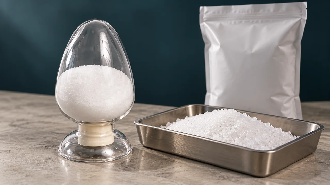 White sulfamic acid crystals with plain sample packaging