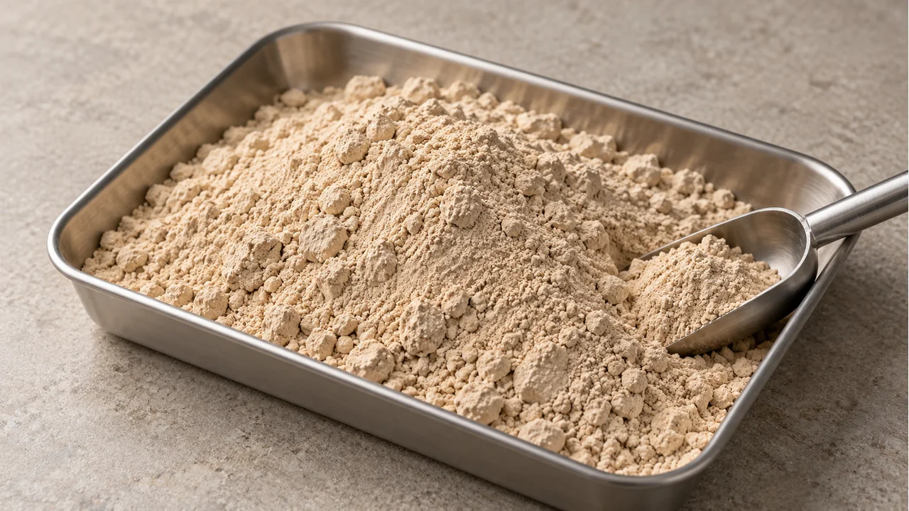 Close view of beige kaolin powder