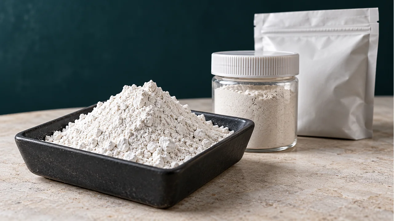 Calcined-kaolin material powder with plain sample packaging