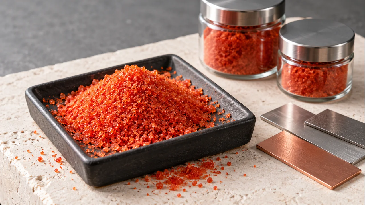 Orange-red cobalt sulfate heptahydrate crystals with metal-surface samples