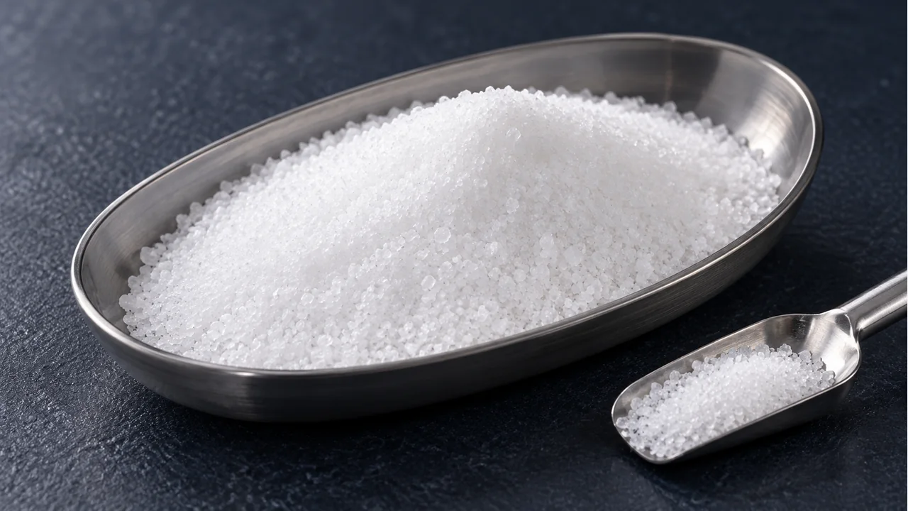 Close view of white sulfamic acid crystals