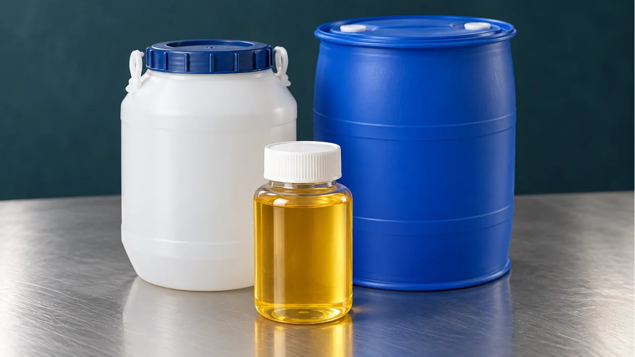 Yellow sorbitan monooleate liquid with plain sample packaging