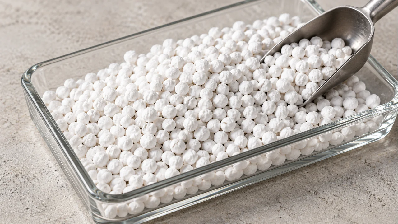 Close view of white potassium sulfate granules