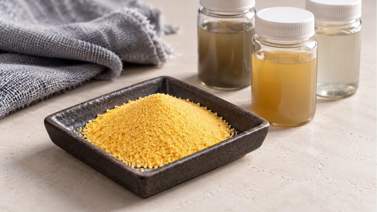 Yellow PAC powder with textile-water sample jars