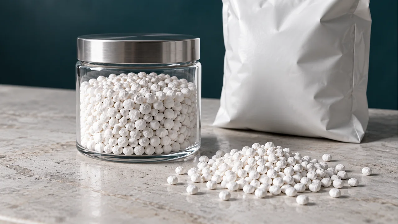 White potassium sulfate granules with plain sample packaging