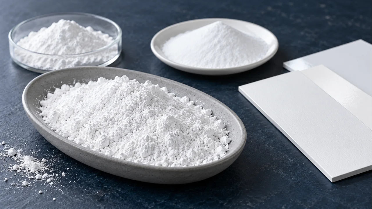 White mineral extender powder with coating-material samples