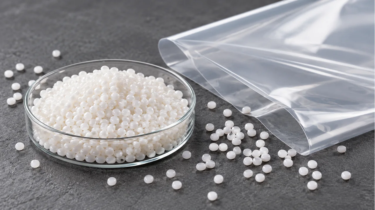 Filler masterbatch pellets with PE film samples
