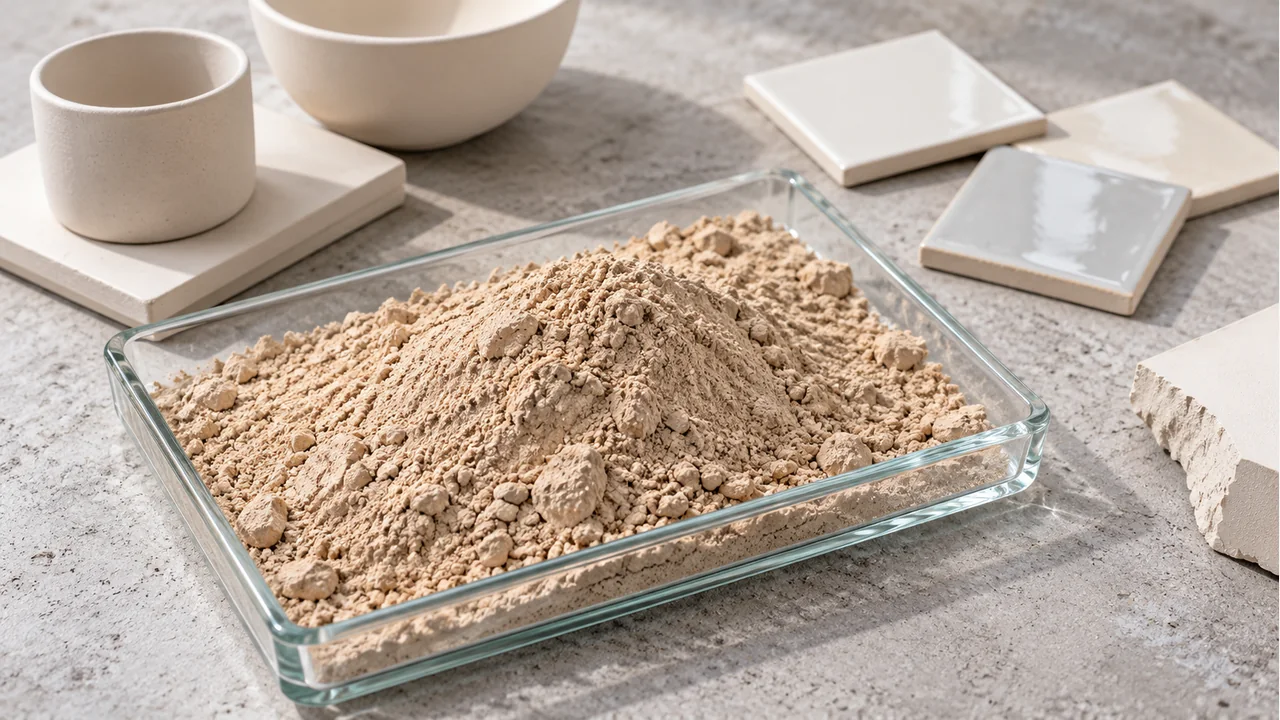 Beige kaolin powder with ceramic bodies and tiles