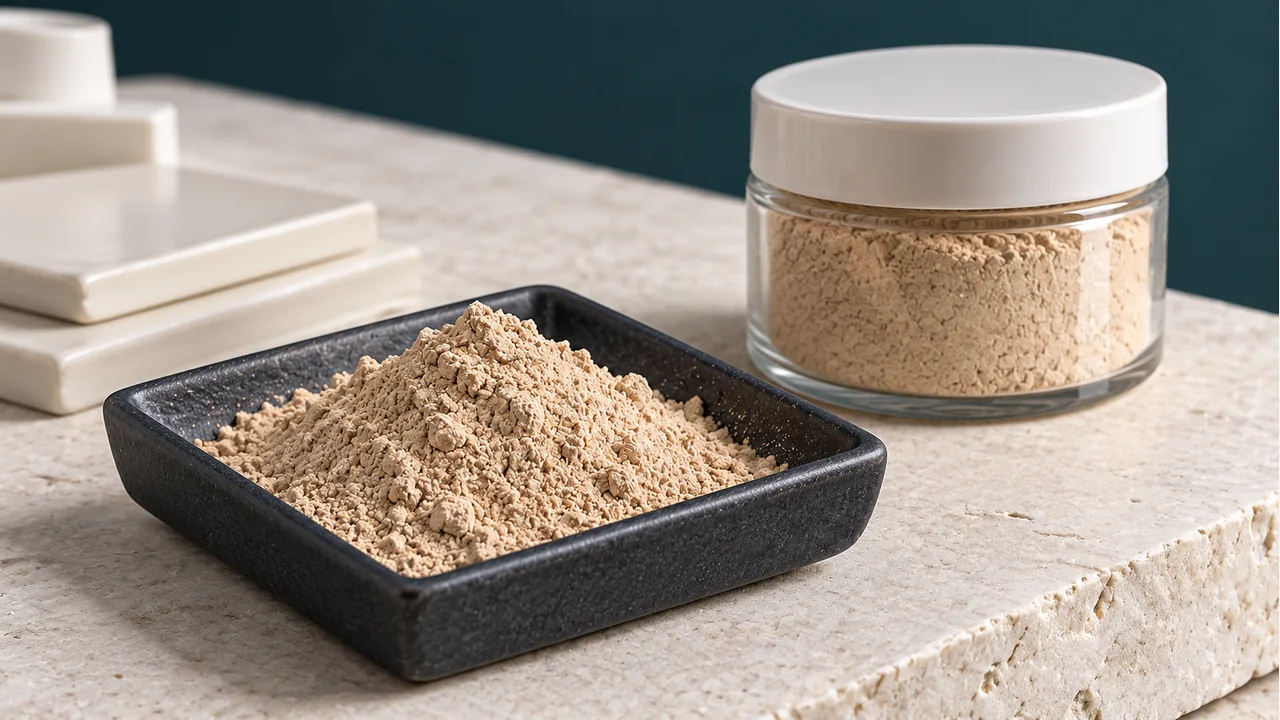 Beige kaolin powder with plain sample packaging