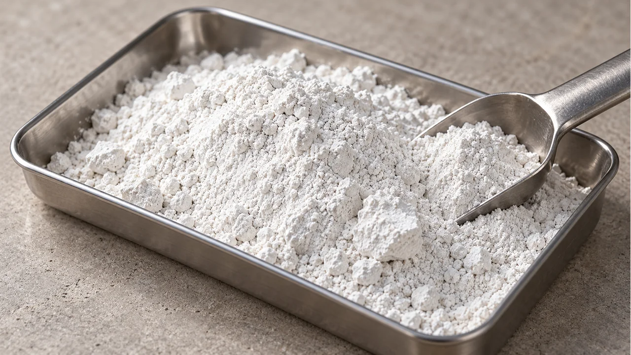 Close view of calcined-kaolin material powder